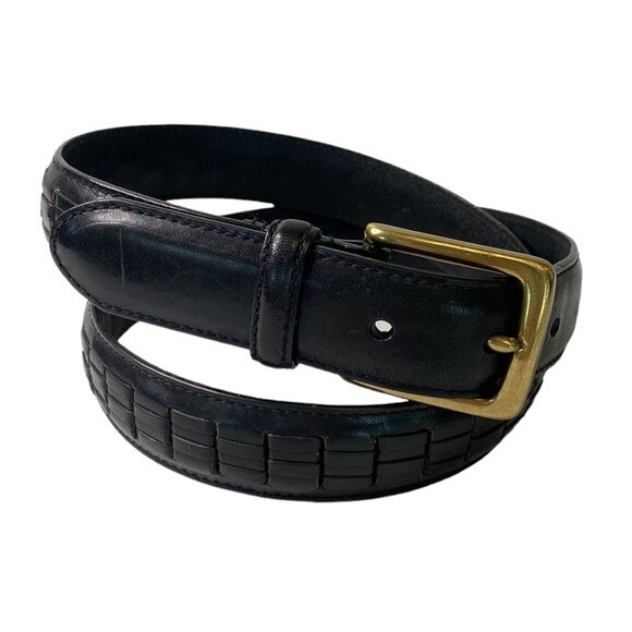 Dockers Black Top Grain Leather Woven Textured Belt Solid Brass Buckle Durable - Picture 12 of 12